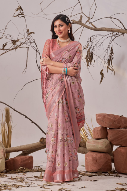 Dusty Rose Pink Floral Print Soft Linen Cotton Saree with Tasselled Pallu & Running Blouse for Office Wear