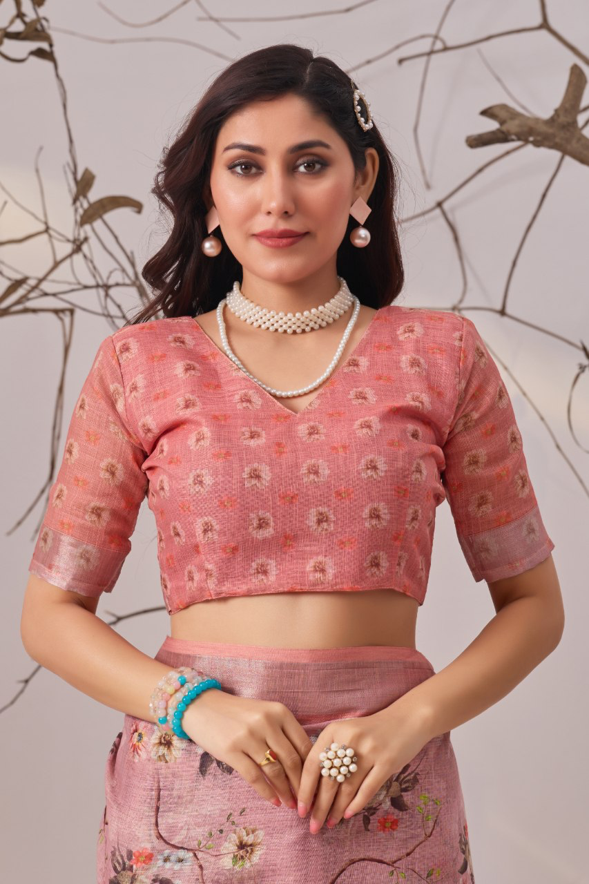 Dusty Rose Pink Floral Print Soft Linen Cotton Saree with Tasselled Pallu & Running Blouse for Office Wear
