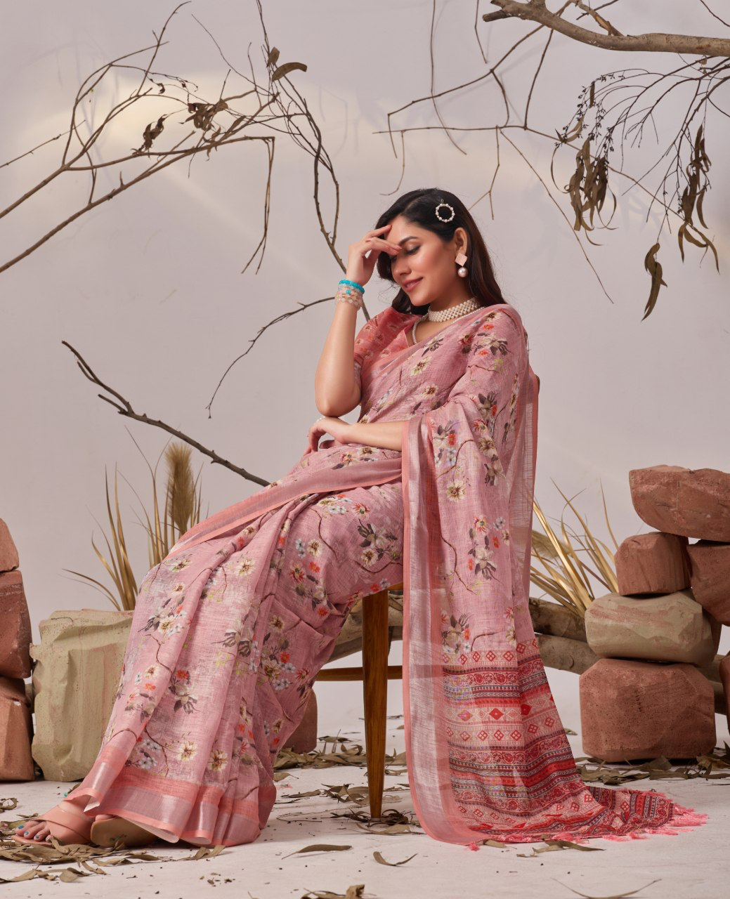 Dusty Rose Pink Floral Print Soft Linen Cotton Saree with Tasselled Pallu & Running Blouse for Office Wear