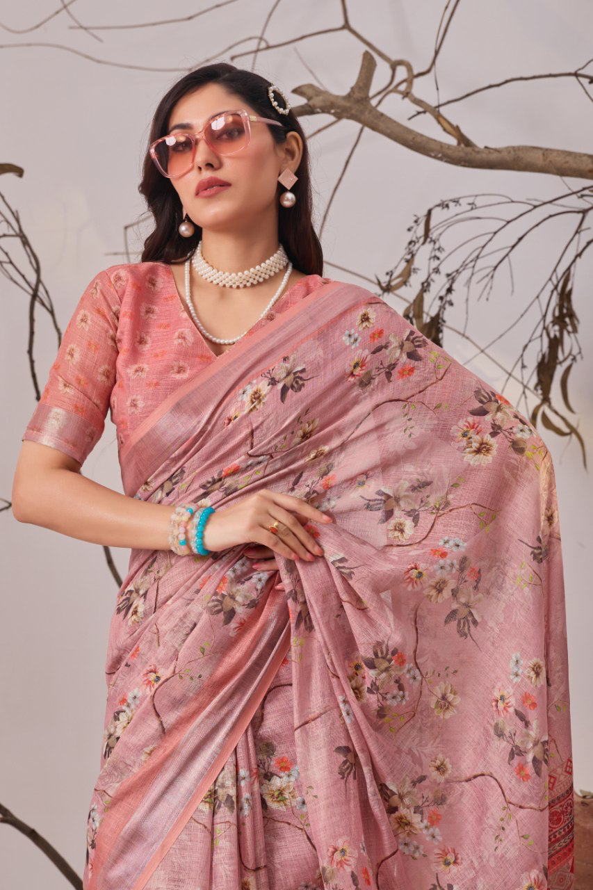 Dusty Rose Pink Floral Print Soft Linen Cotton Saree with Tasselled Pallu & Running Blouse for Office Wear