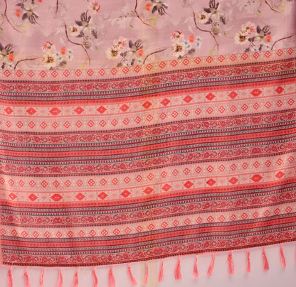 Dusty Rose Pink Floral Print Soft Linen Cotton Saree with Tasselled Pallu & Running Blouse for Office Wear