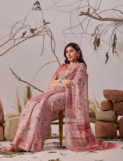 Dusty Rose Pink Floral Print Soft Linen Cotton Saree with Tasselled Pallu & Running Blouse for Office Wear