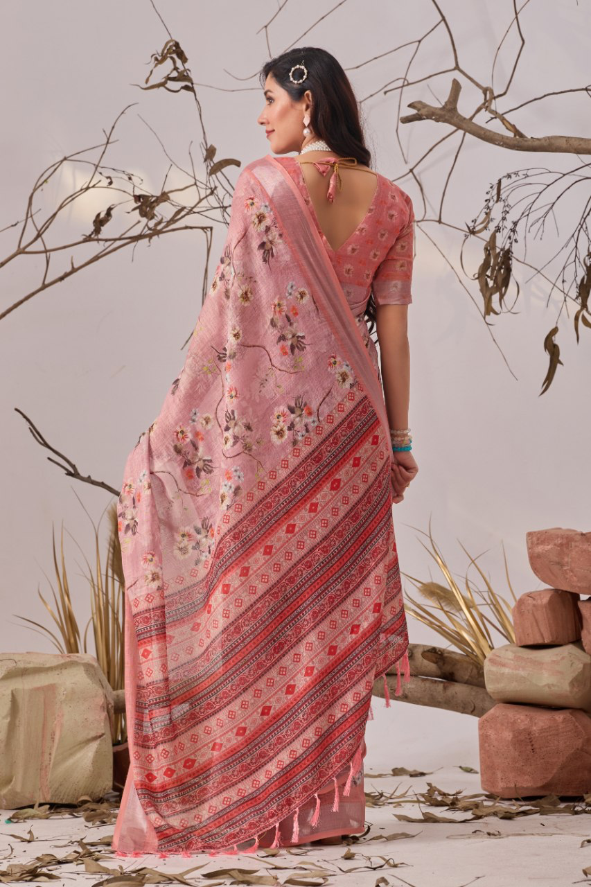 Dusty Rose Pink Floral Print Soft Linen Cotton Saree with Tasselled Pallu & Running Blouse for Office Wear
