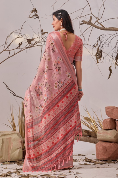 Dusty Rose Pink Floral Print Soft Linen Cotton Saree with Tasselled Pallu & Running Blouse for Office Wear