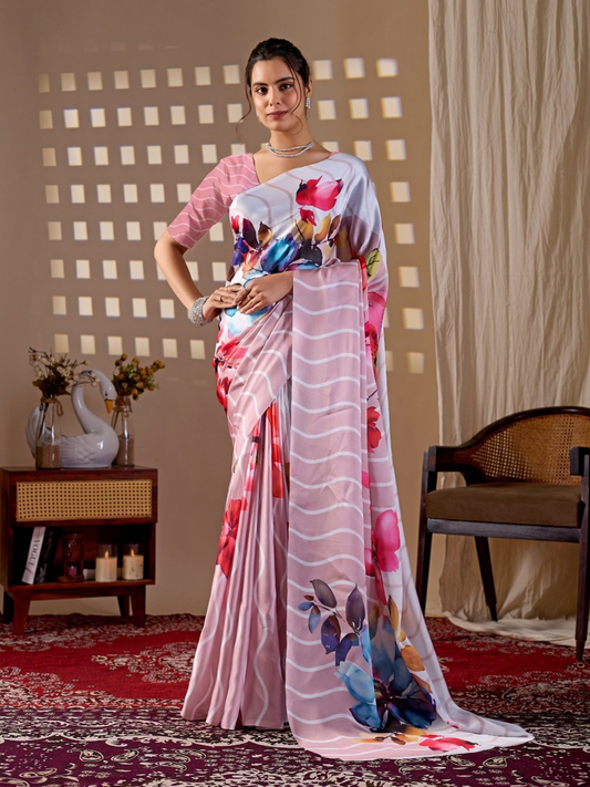 Blush Pink Satin Saree with Multicolour Floral Print and Wave Pattern, 6.3 Metres with Running Blouse for Festive Wear