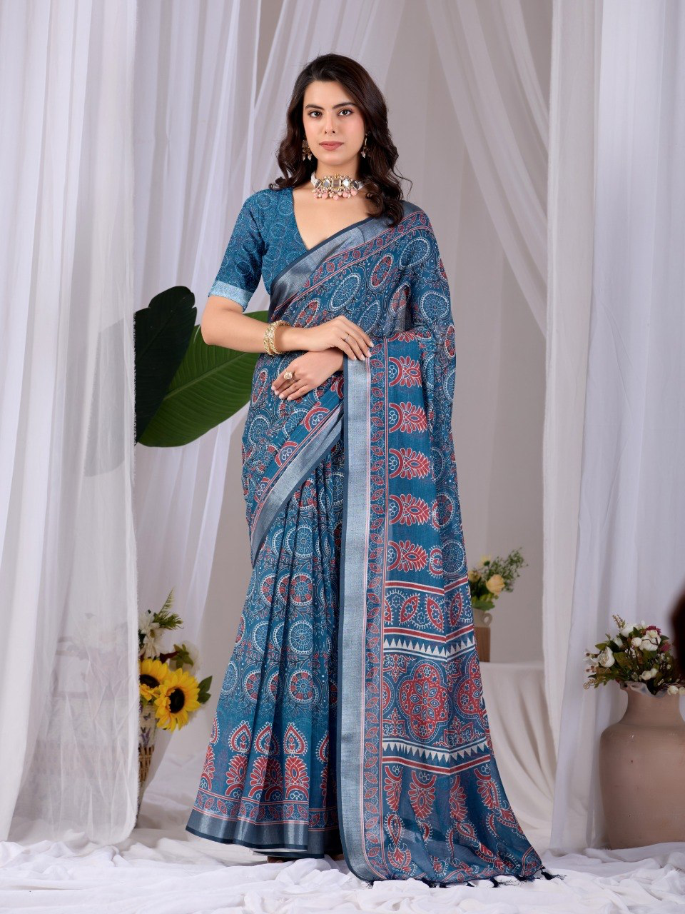 Teal Blue Soft Linen Cotton Saree with Floral Prints, Grey Border and Running Blouse for Elegant Office Wear