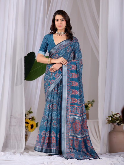 Teal Blue Soft Linen Cotton Saree with Floral Prints, Grey Border and Running Blouse for Elegant Office Wear