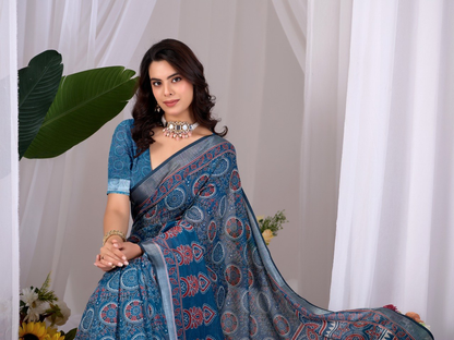 Teal Blue Soft Linen Cotton Saree with Floral Prints, Grey Border and Running Blouse for Elegant Office Wear