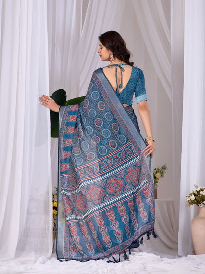 Teal Blue Soft Linen Cotton Saree with Floral Prints, Grey Border and Running Blouse for Elegant Office Wear