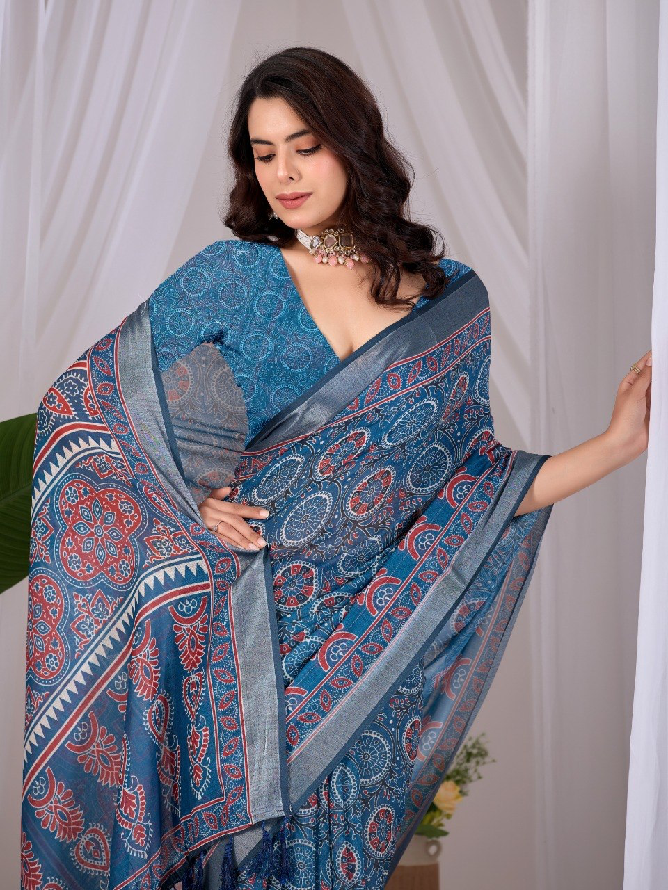 Teal Blue Soft Linen Cotton Saree with Floral Prints, Grey Border and Running Blouse for Elegant Office Wear