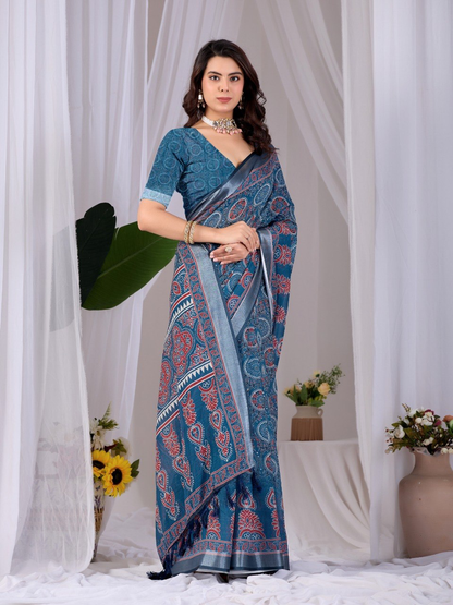 Teal Blue Soft Linen Cotton Saree with Floral Prints, Grey Border and Running Blouse for Elegant Office Wear