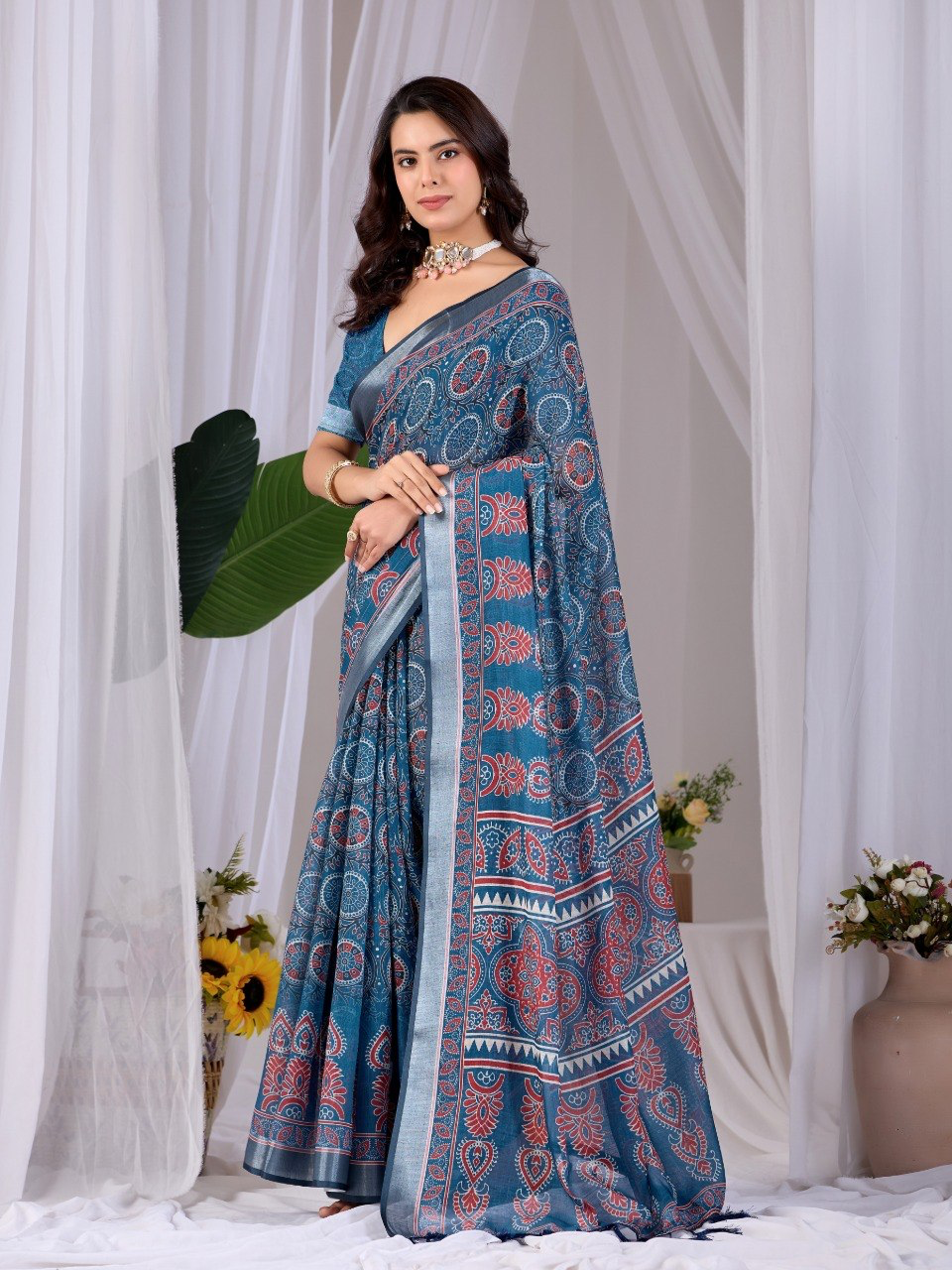 Teal Blue Soft Linen Cotton Saree with Floral Prints, Grey Border and Running Blouse for Elegant Office Wear