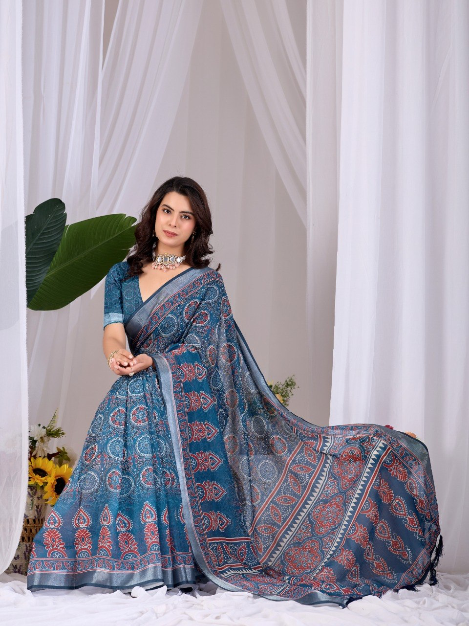Teal Blue Soft Linen Cotton Saree with Floral Prints, Grey Border and Running Blouse for Elegant Office Wear