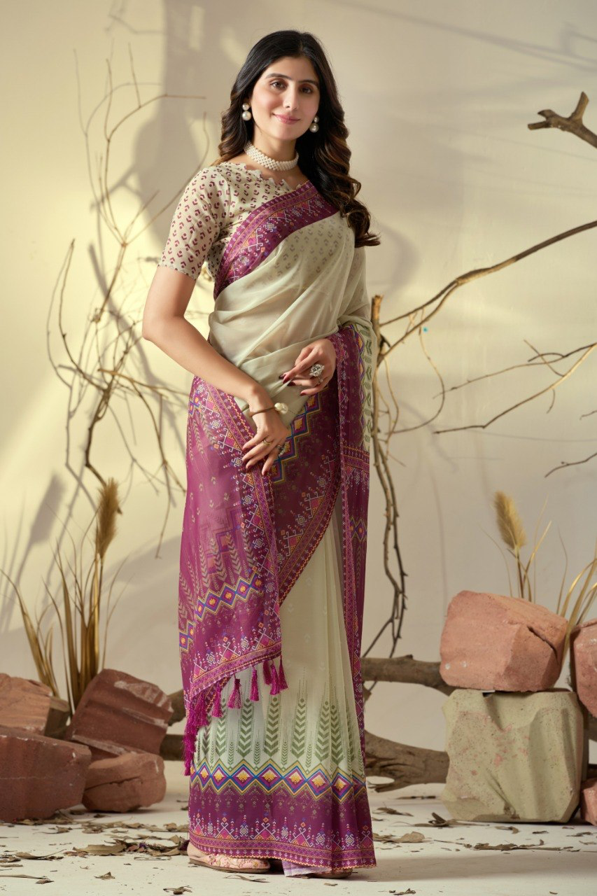 Ivory Cream Georgette Saree with Magenta Geometric Border, Tasselled Pallu and Running Blouse for Festive Wear