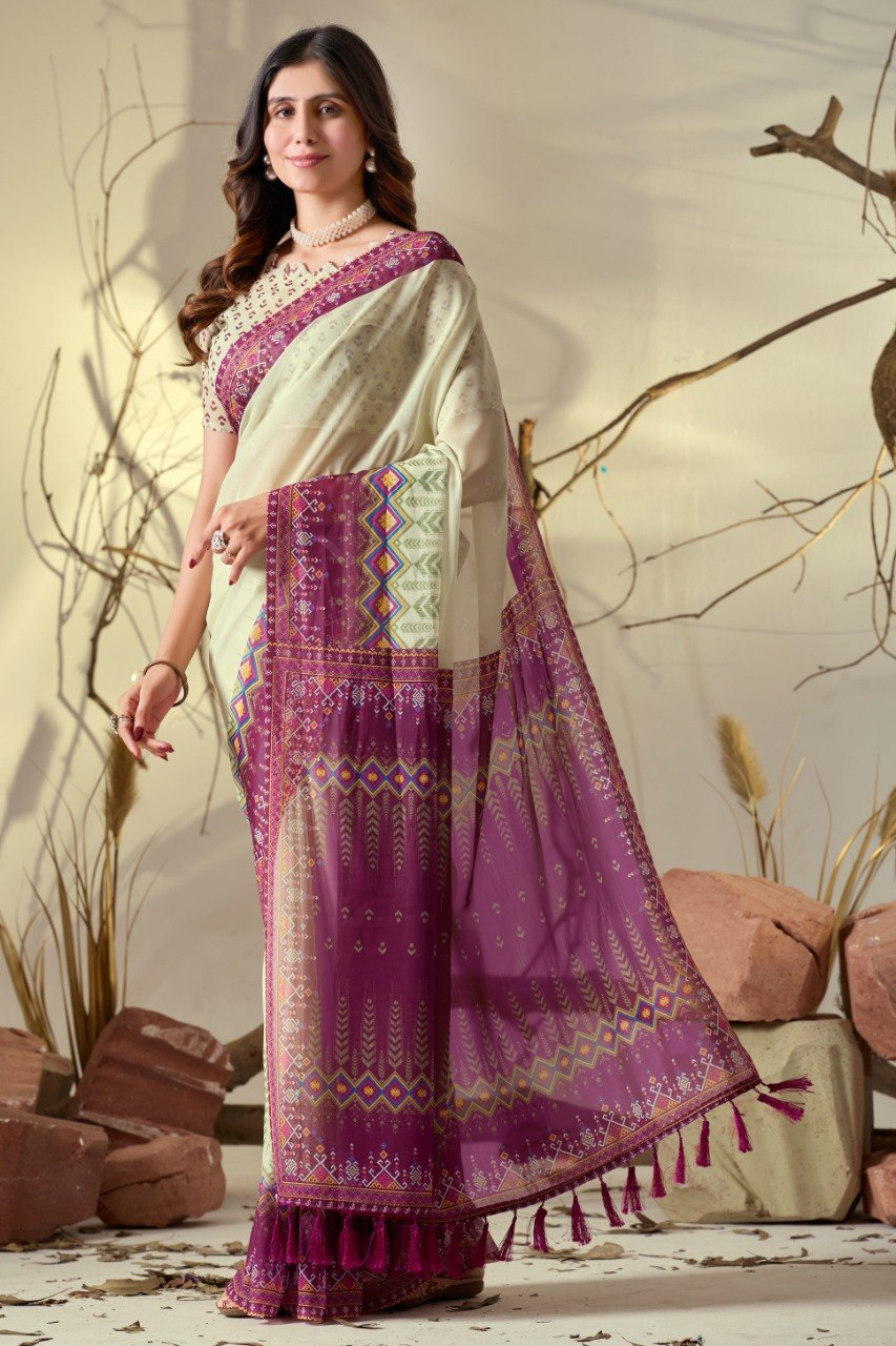 Ivory Cream Georgette Saree with Magenta Geometric Border, Tasselled Pallu and Running Blouse for Festive Wear