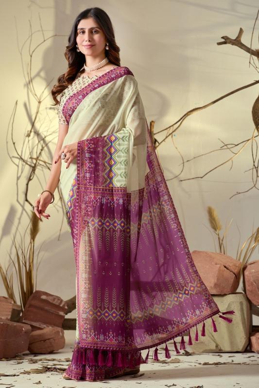 Ivory Cream Georgette Saree with Magenta Geometric Border, Tasselled Pallu and Running Blouse for Festive Wear
