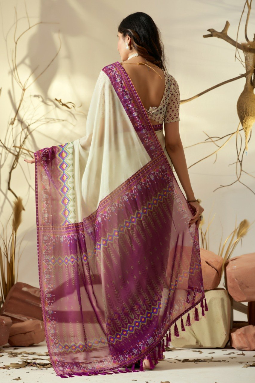 Ivory Cream Georgette Saree with Magenta Geometric Border, Tasselled Pallu and Running Blouse for Festive Wear