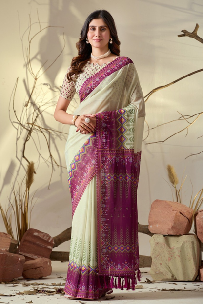 Ivory Cream Georgette Saree with Magenta Geometric Border, Tasselled Pallu and Running Blouse for Festive Wear