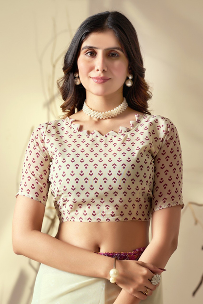 Ivory Cream Georgette Saree with Magenta Geometric Border, Tasselled Pallu and Running Blouse for Festive Wear