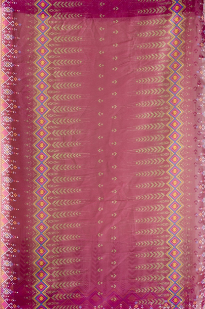 Ivory Cream Georgette Saree with Magenta Geometric Border, Tasselled Pallu and Running Blouse for Festive Wear