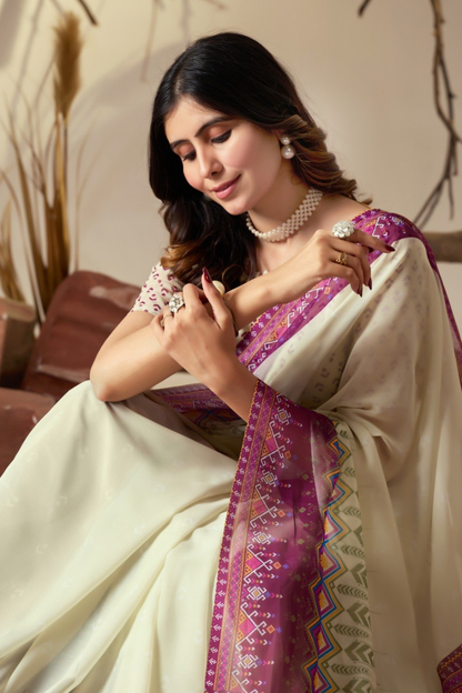 Ivory Cream Georgette Saree with Magenta Geometric Border, Tasselled Pallu and Running Blouse for Festive Wear
