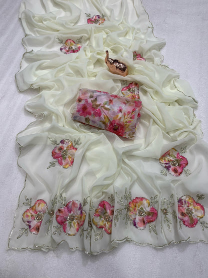 Heavy Star Georgette Saree with Floral Digital Print, Thread & Khatli Work, and Moti Embellishments