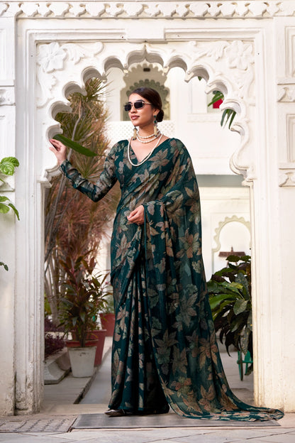 This floral Lurex Brasso saree blends the charm of blooming prints with the luxury of subtle shine