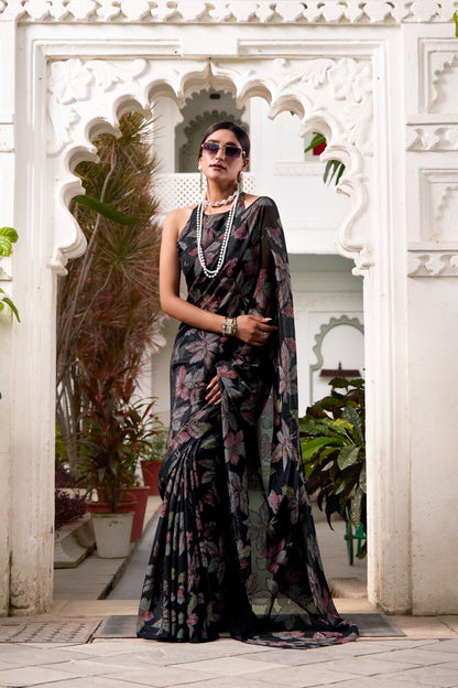This floral Lurex Brasso saree blends the charm of blooming prints with the luxury of subtle shine