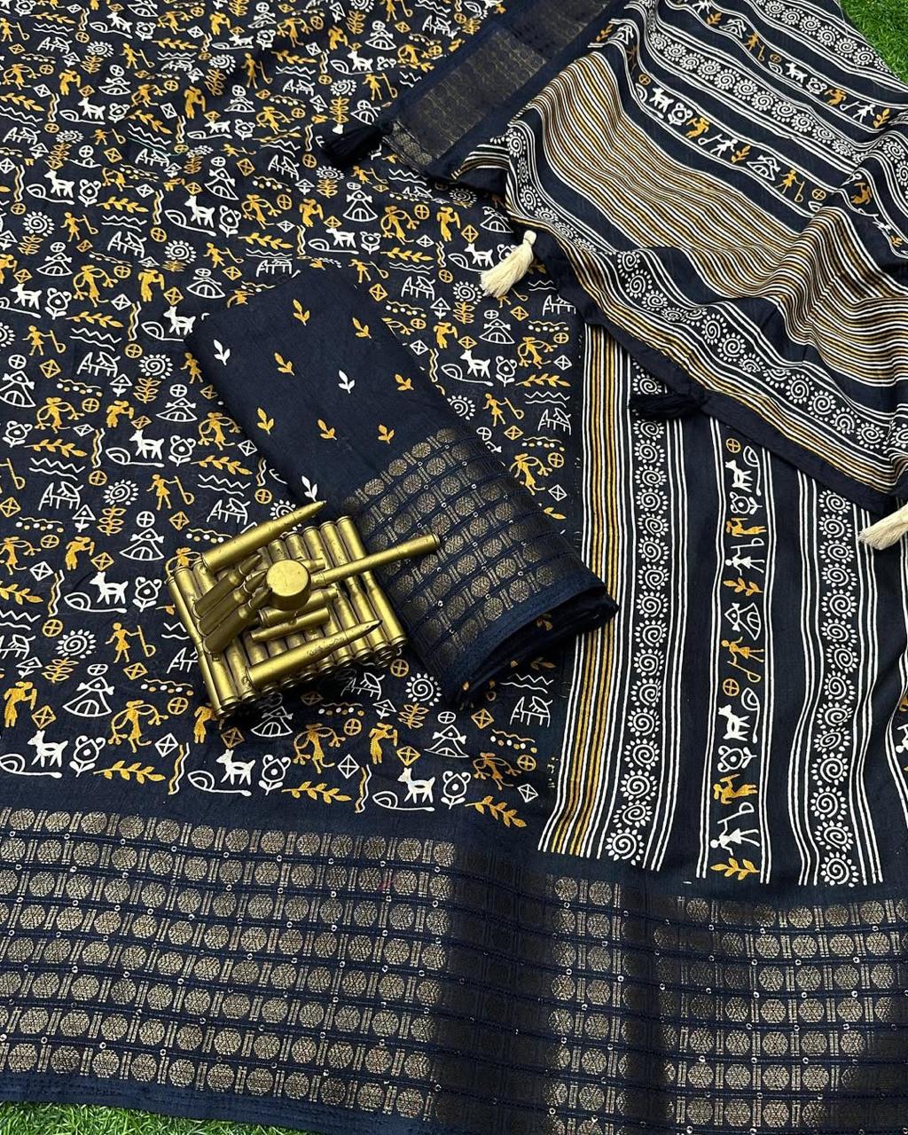 Soft Dola Silk Kalamkari Print Saree with Sequin & Zari Border | Printed Blouse – Swaraas