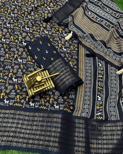 Soft Dola Silk Kalamkari Print Saree with Sequin & Zari Border | Printed Blouse – Swaraas