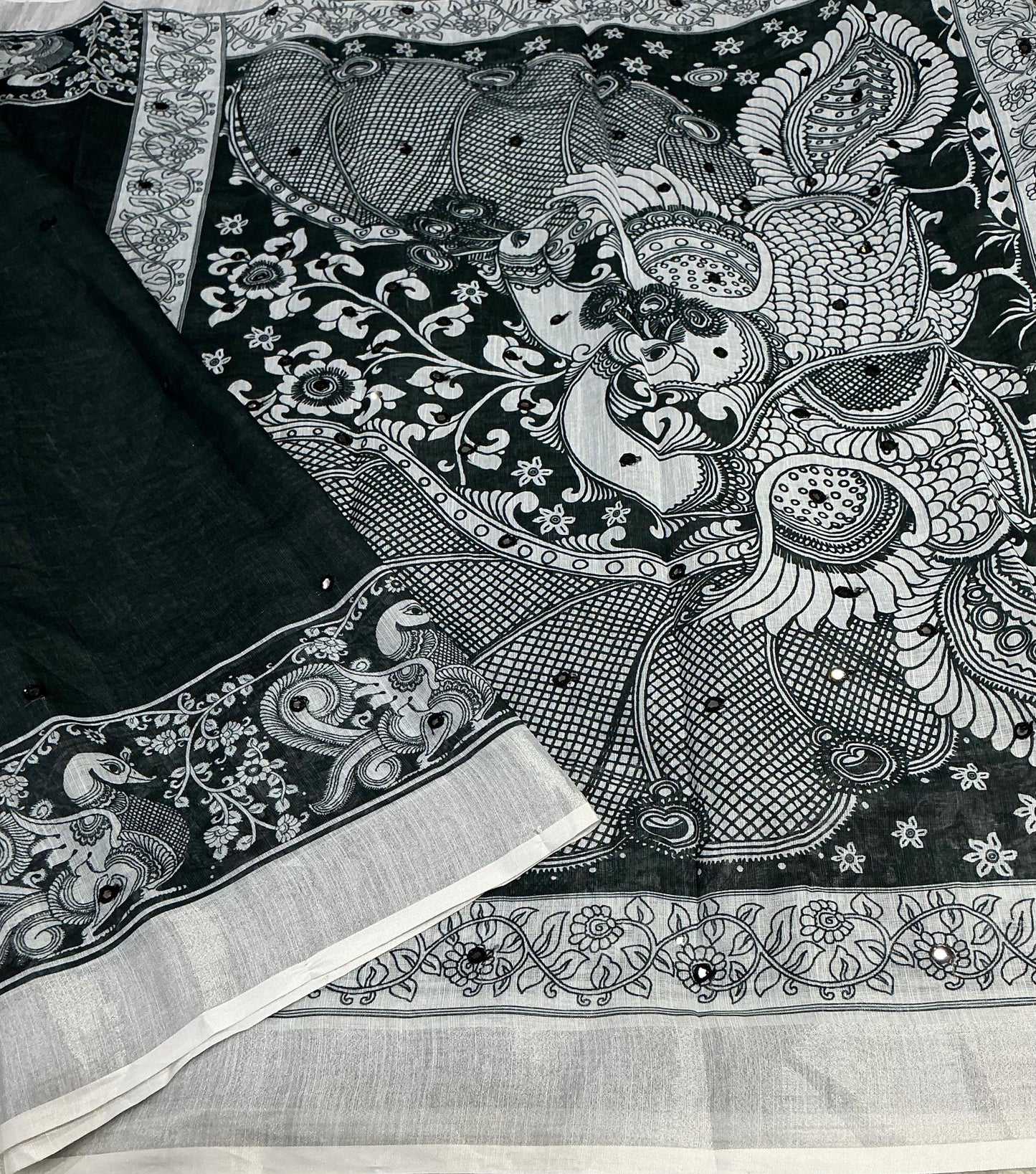 Soft Linen Cotton Saree With silver Jari Border & Aari Mirror Work all over saree.