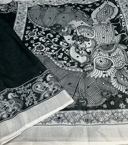 Soft Linen Cotton Saree With silver Jari Border & Aari Mirror Work all over saree.