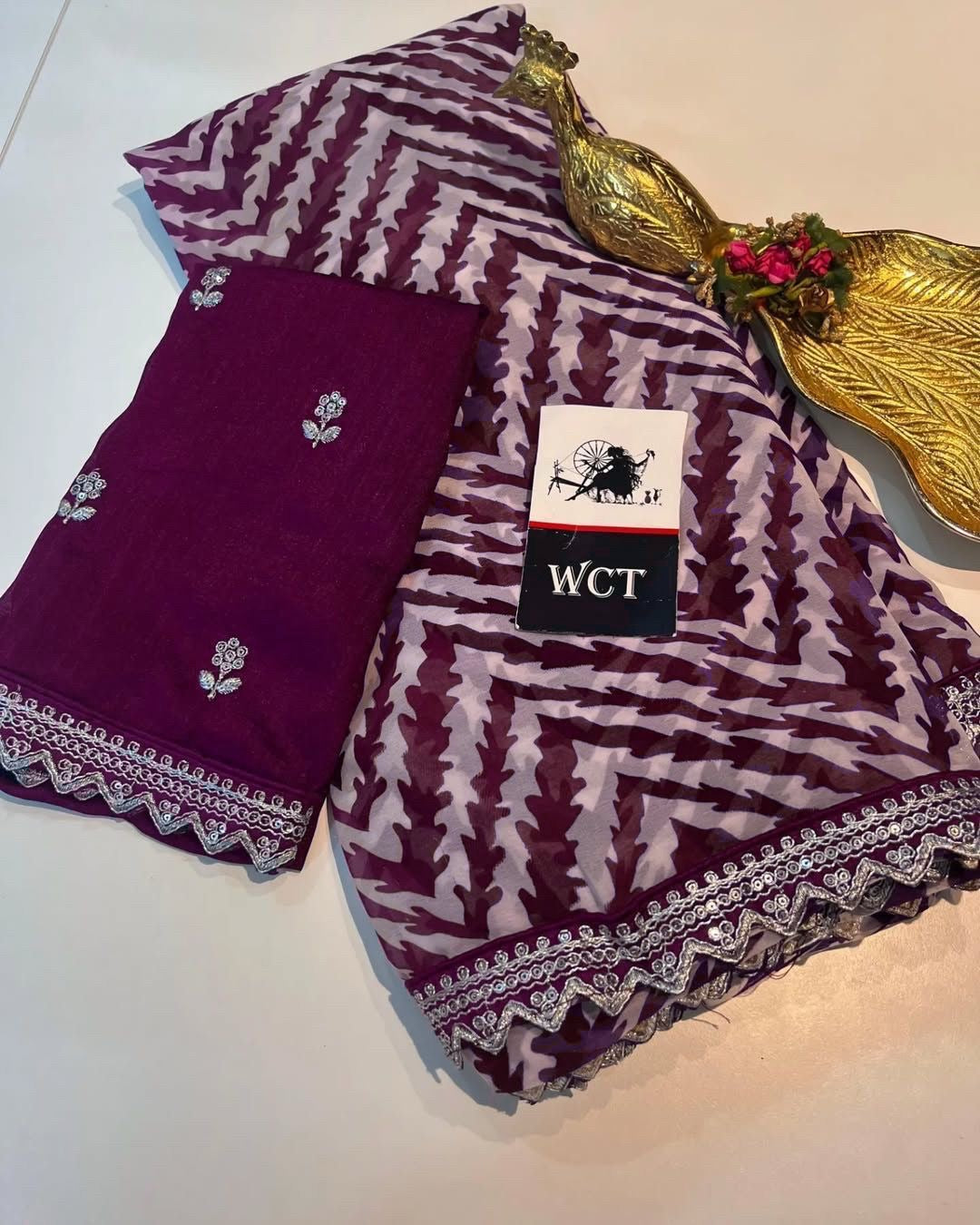 Lehriya Georgette Printed Saree with Heavy Sequin Lace Border & Silk Embroidered Blouse – Lahriya Special Collection