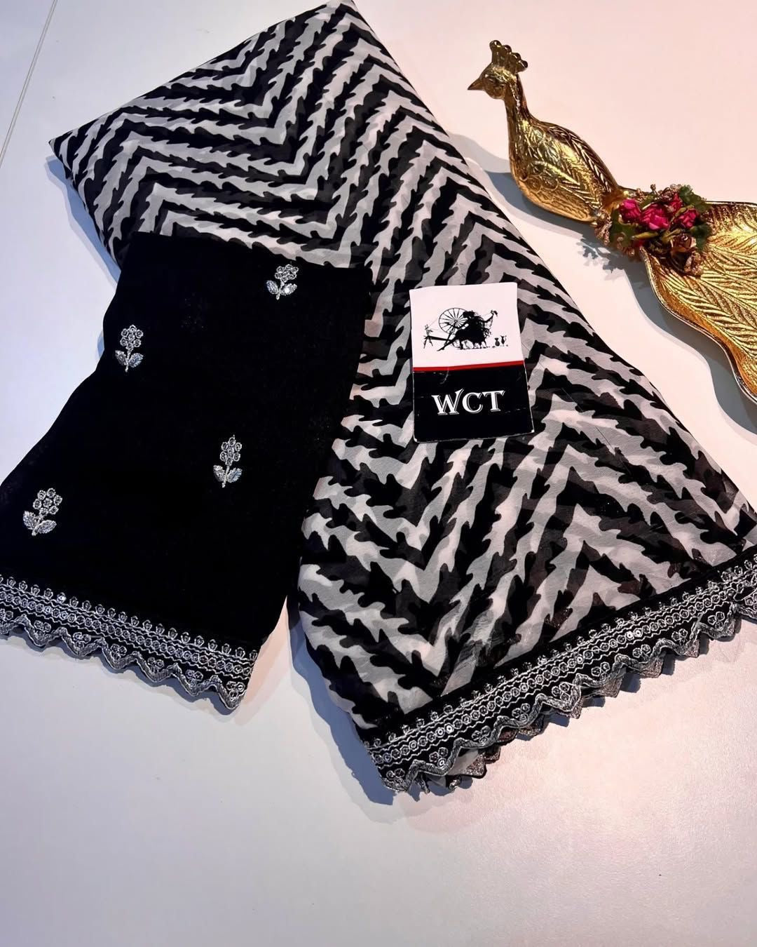 Lehriya Georgette Printed Saree with Heavy Sequin Lace Border & Silk Embroidered Blouse – Lahriya Special Collection