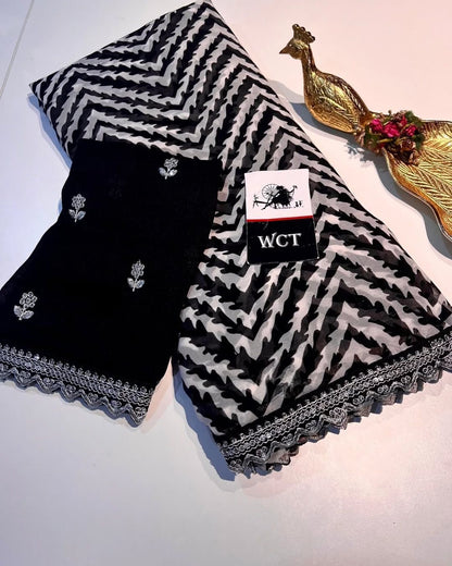 Lehriya Georgette Printed Saree with Heavy Sequin Lace Border & Silk Embroidered Blouse – Lahriya Special Collection