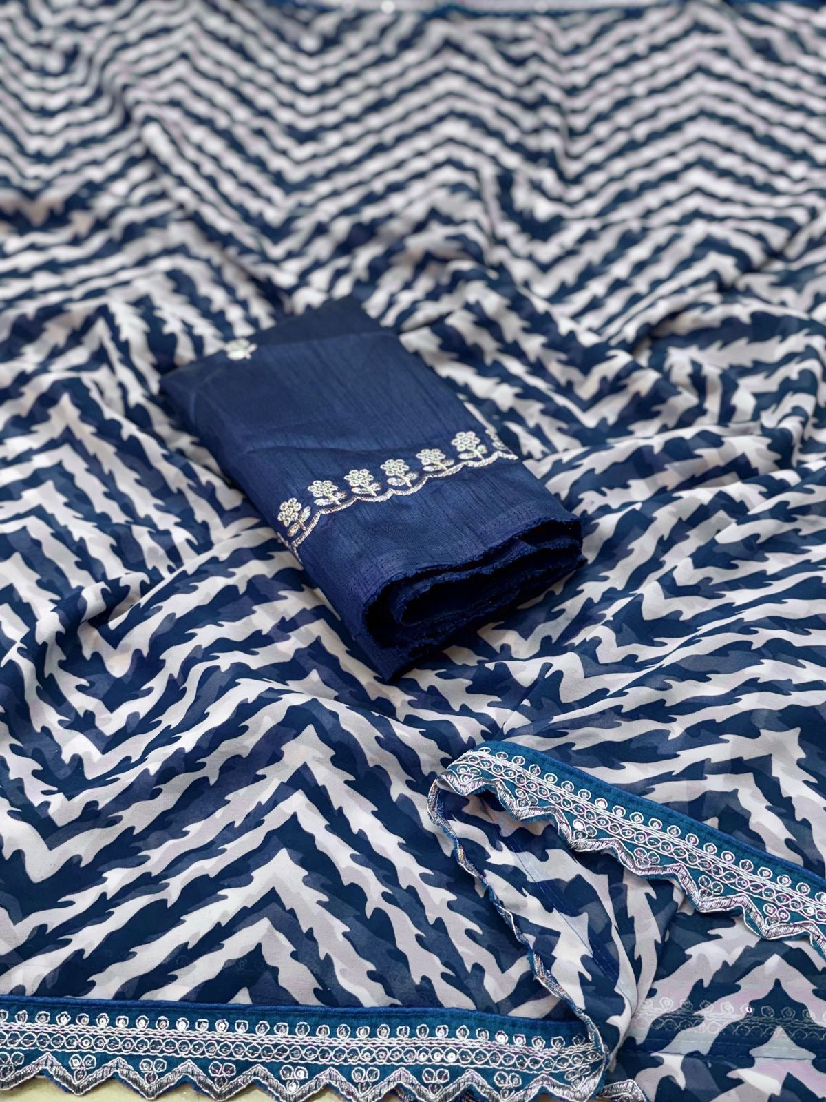 Lehriya Georgette Printed Saree with Heavy Sequin Lace Border & Silk Embroidered Blouse – Lahriya Special Collection