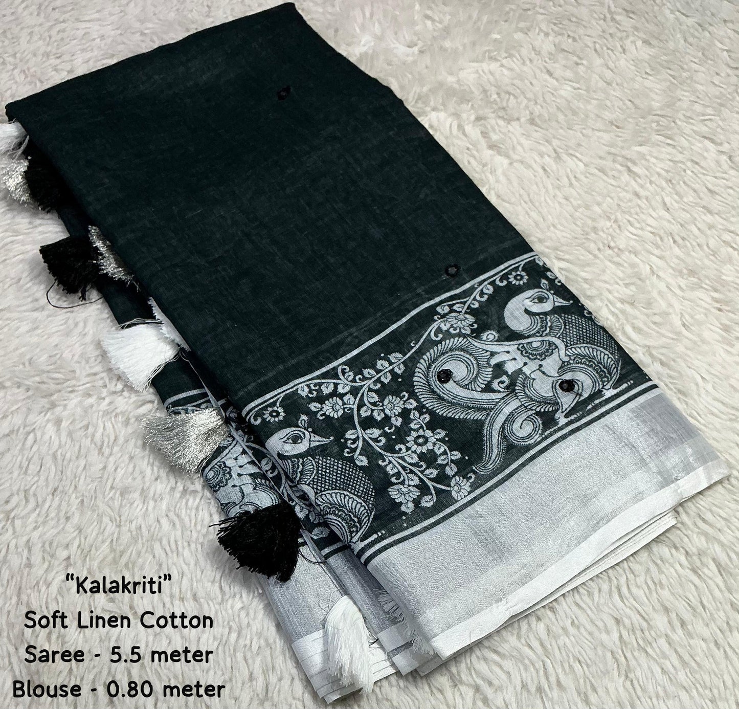 Soft Linen Cotton Saree With silver Jari Border & Aari Mirror Work all over saree.