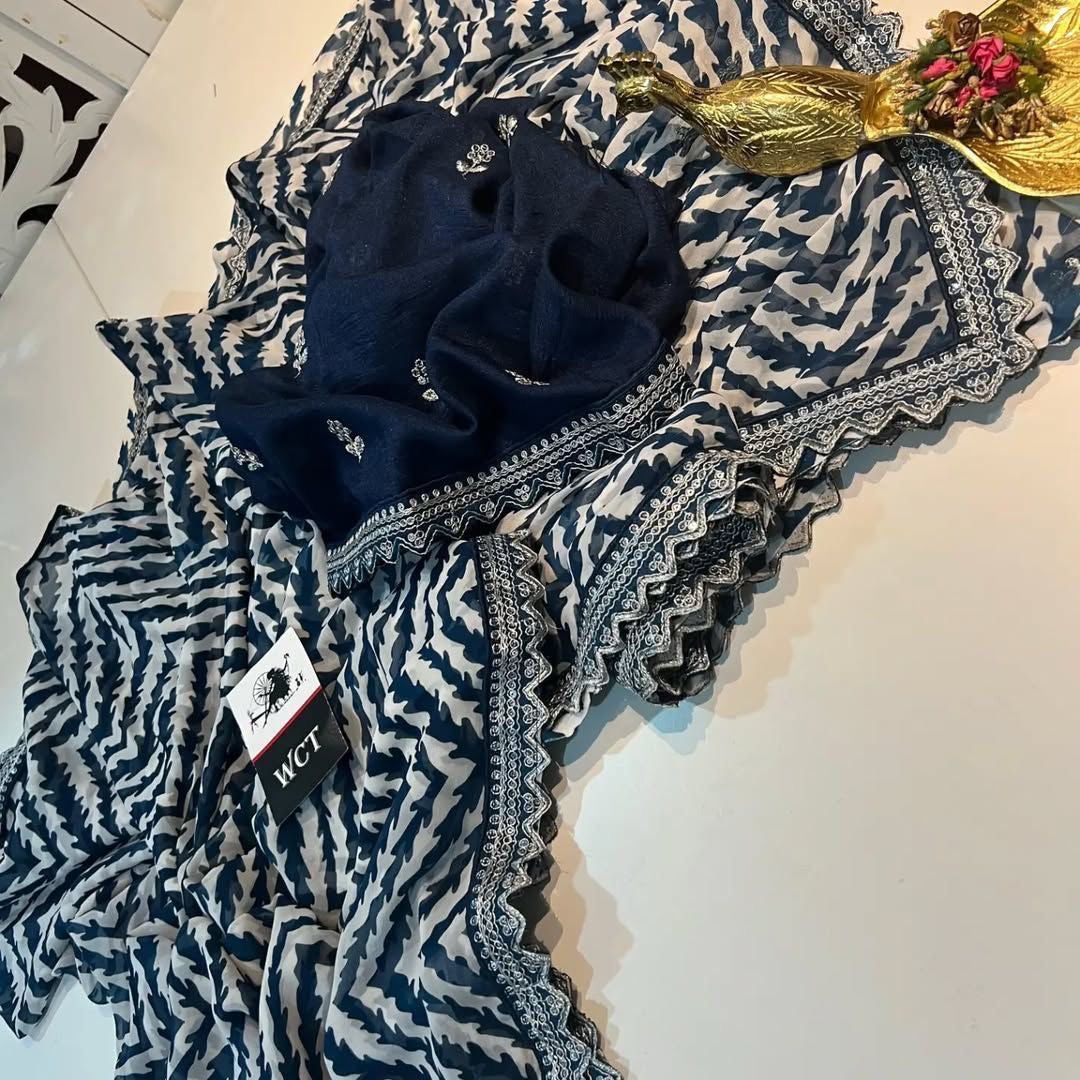 Lehriya Georgette Printed Saree with Heavy Sequin Lace Border & Silk Embroidered Blouse – Lahriya Special Collection