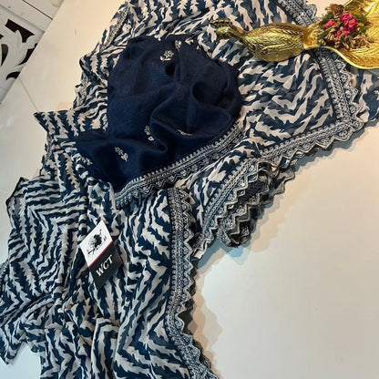 Lehriya Georgette Printed Saree with Heavy Sequin Lace Border & Silk Embroidered Blouse – Lahriya Special Collection