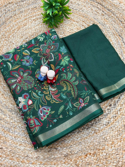 Mul Cotton Silk Kalamkari Print Saree with Zari Border – 6.30 Mtrs