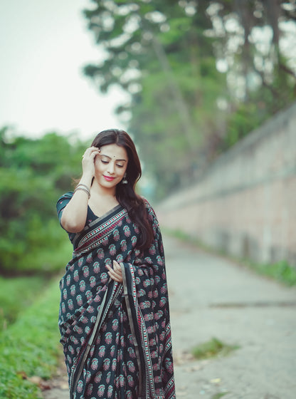 Ajrakh Print Soft Cotton Feel Saree with Zari Woven Border – 6.3m with Blouse | Swaraas.in