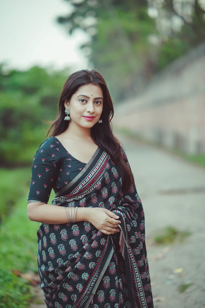 Ajrakh Print Soft Cotton Feel Saree with Zari Woven Border – 6.3m with Blouse | Swaraas.in