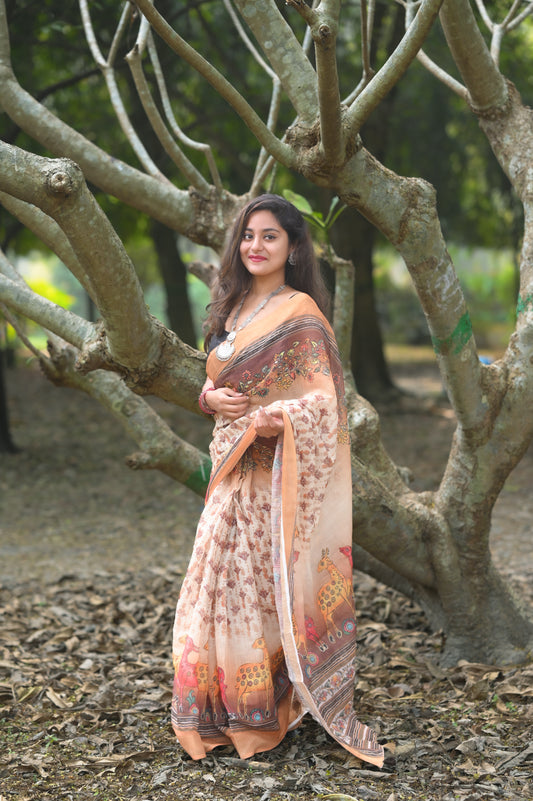 Classy Linen Cotton Aari work Saree, running blouse and Cotton Tassels