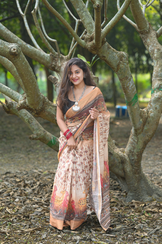 Classy Linen Cotton Aari work Saree, running blouse and Cotton Tassels