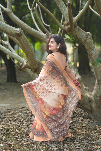 Classy Linen Cotton Aari work Saree, running blouse and Cotton Tassels