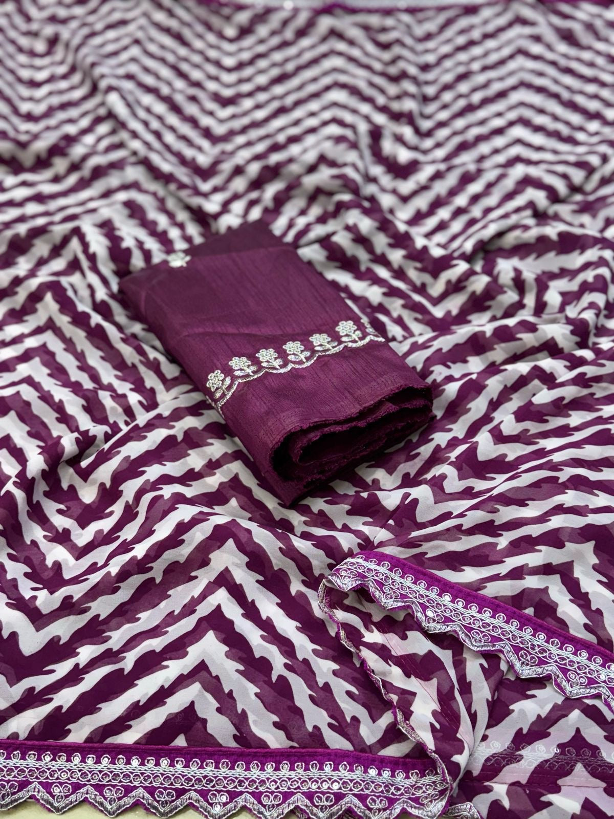 Lehriya Georgette Printed Saree with Heavy Sequin Lace Border & Silk Embroidered Blouse – Lahriya Special Collection