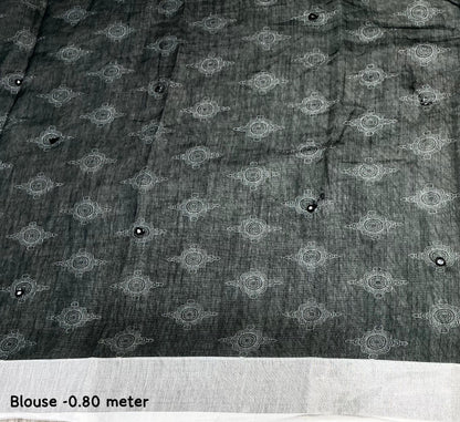 Soft Linen Cotton Saree With silver Jari Border & Aari Mirror Work all over saree.