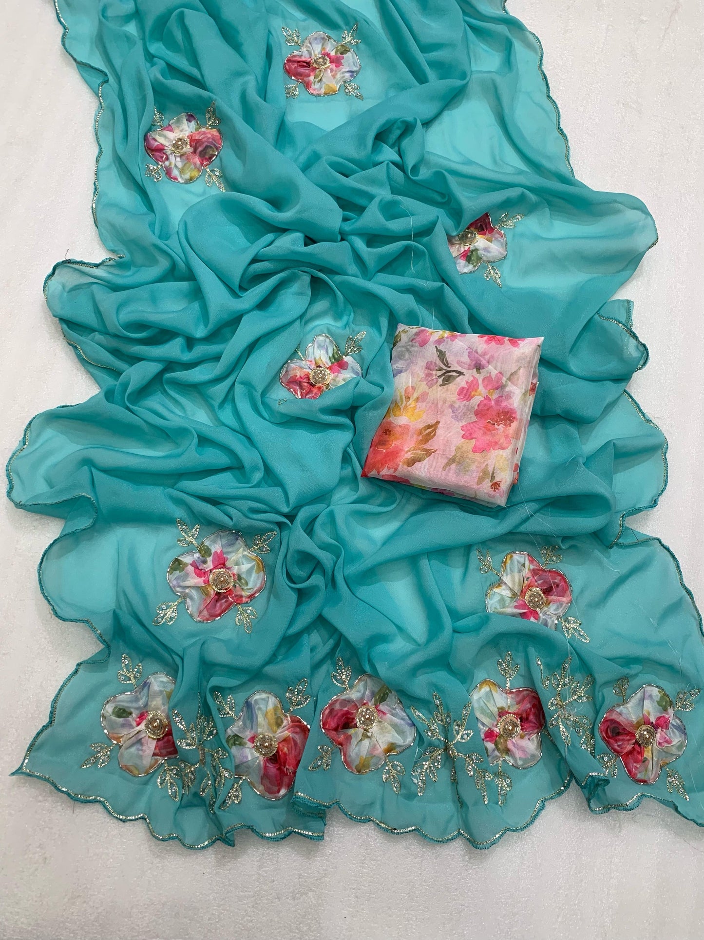 Heavy star georgette with flower digital printed , thread work and khatli work with moti work
