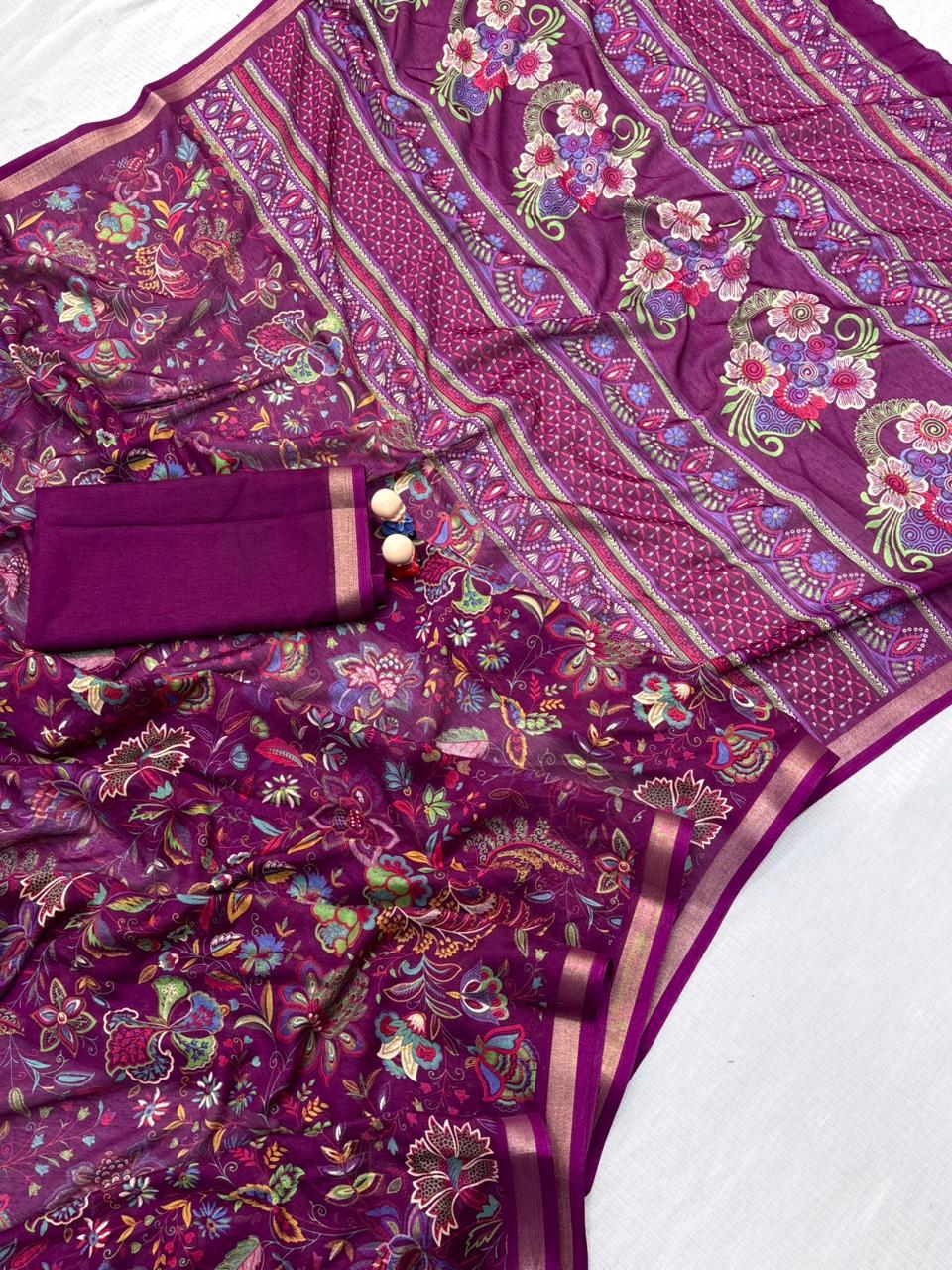 Mul Cotton Silk Kalamkari Print Saree with Zari Border – 6.30 Mtrs