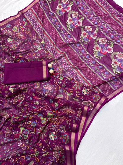 Mul Cotton Silk Kalamkari Print Saree with Zari Border – 6.30 Mtrs